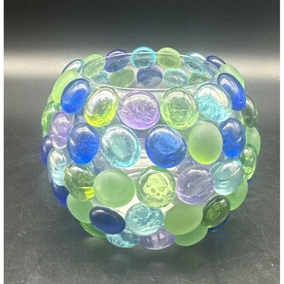 VTG Libbey PURPLE BLUE GREEN Decorative Stones On Glass Candle Votive Holders-2 - Picture 2 of 10